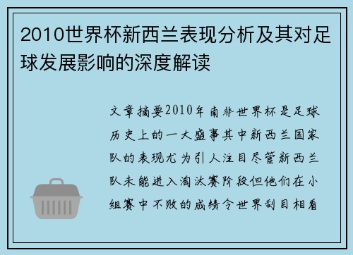 2010世界杯新西兰表现分析及其对足球发展影响的深度解读